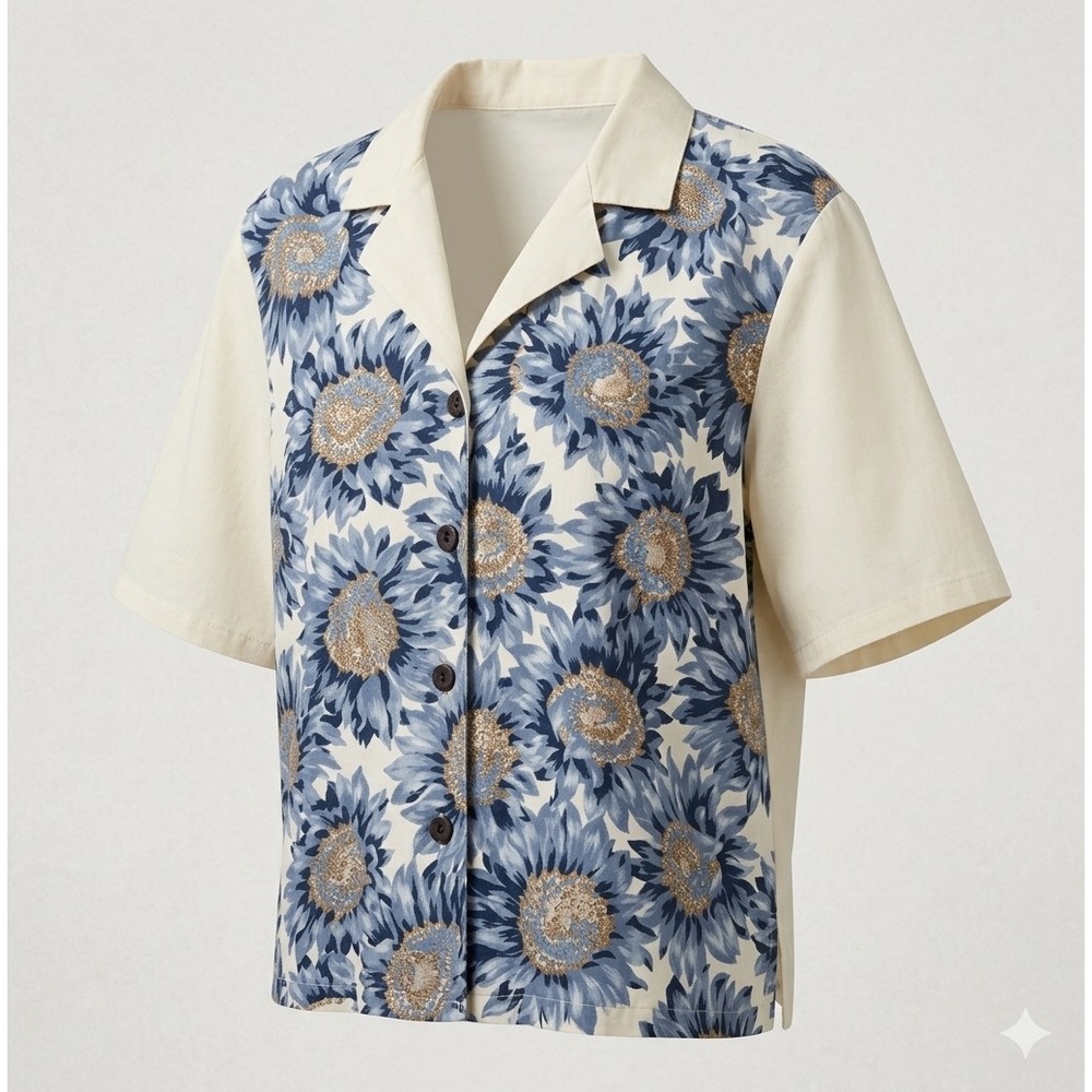 Vintage 90s Blue Sunflower Button‎ Front Short Sleeve Top Cotton Blend L XL